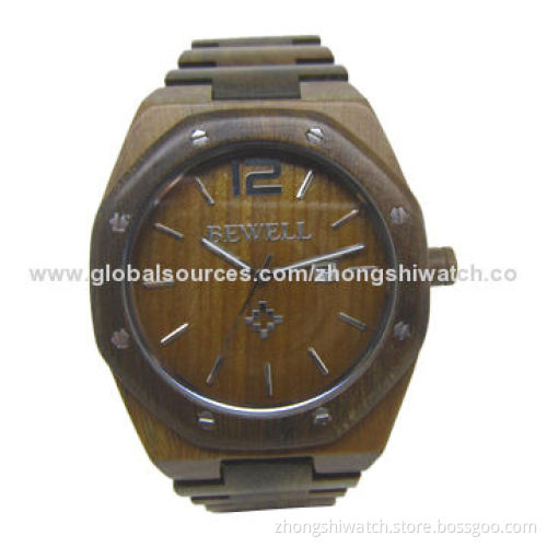 New Round Men's Wooden Watch, Screws Bezel, Red Sandalwood Case and Band, Natural Wood Grain Made